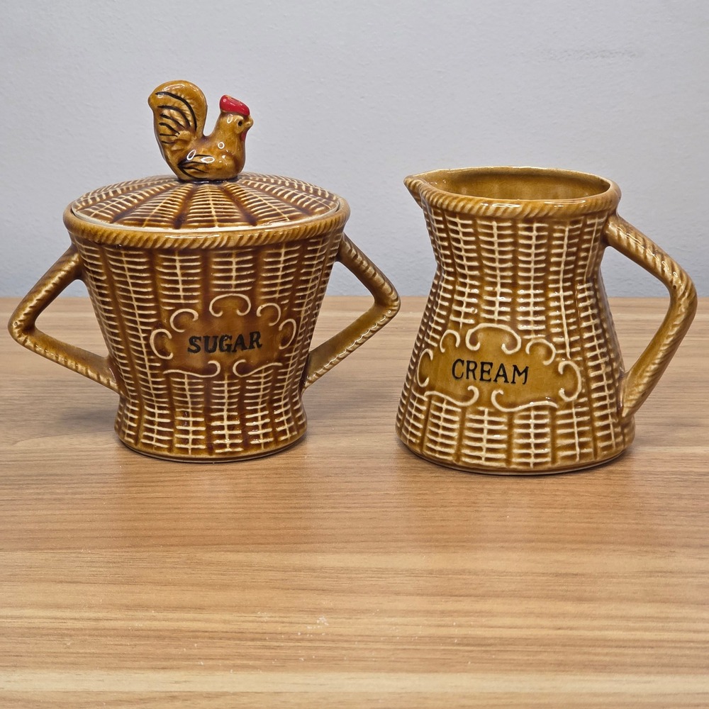 Vintage 50s Rooster Sugar Bowl & Creamer Basket Weave Wicker Japan Brown Ceramic